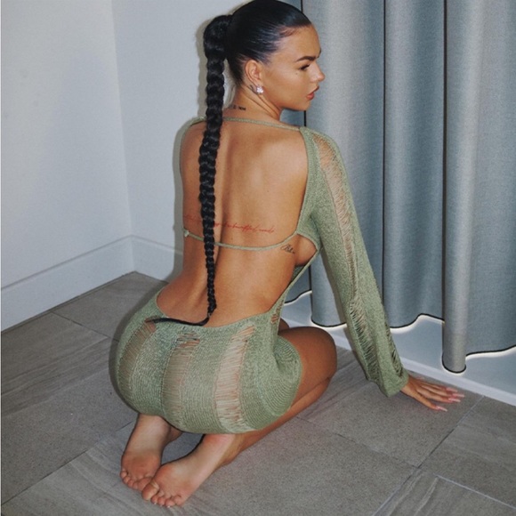 Delilah Green Shred Body Slimming Sexy Open Back Raw Knit Stretch Mini Dress - Picture 2 of 9